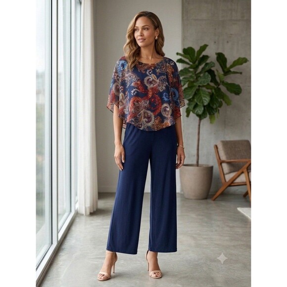 connected apparel Pants - Connected Jumpsuit Womens Plus Sz 18W Floral Chiffon Cape Wide Leg Minimal Chic